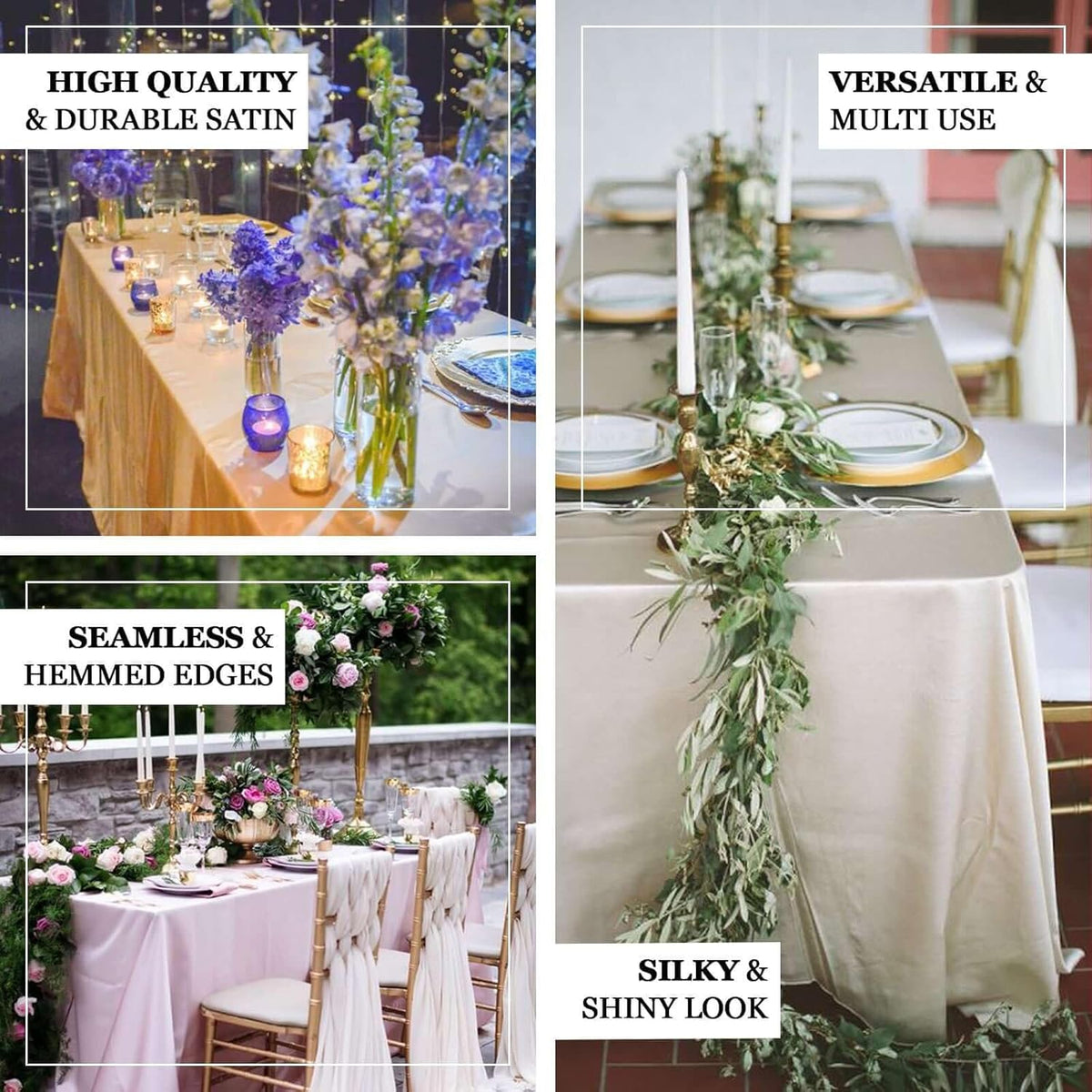 Efavormart Rectangle Satin Tablecloth, 90"x132" Smooth Oblong Washable Table Cloth, Decorative Silky Fabric Table Cover for Wedding, Party, Banquet- Ivory