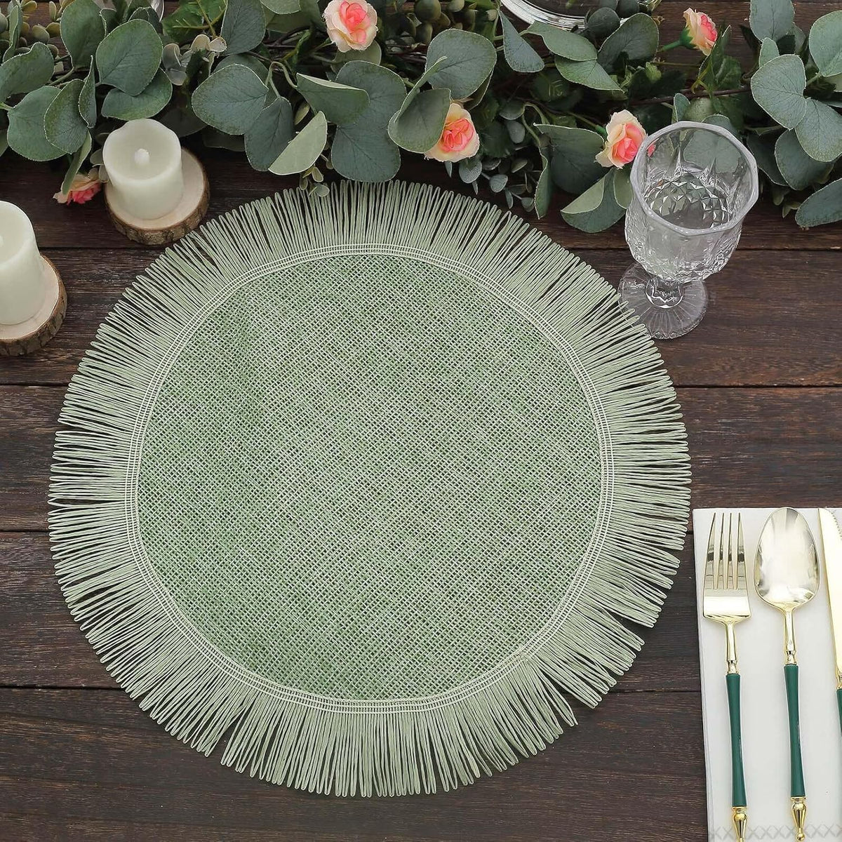 Efavormart 4 Pack | 16" Sage Green Jute Boho Chic Fringe Edge Table Placemats, Rustic Farmhouse Burlap Tassel Dining Table Mats