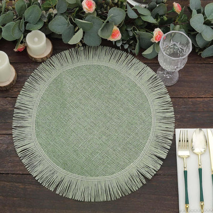 Efavormart 4 Pack | 16" Sage Green Jute Boho Chic Fringe Edge Table Placemats, Rustic Farmhouse Burlap Tassel Dining Table Mats