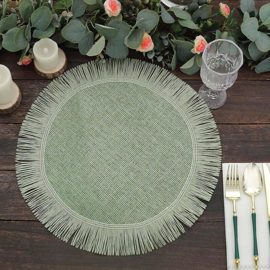 Efavormart 4 Pack | 16" Sage Green Jute Boho Chic Fringe Edge Table Placemats, Rustic Farmhouse Burlap Tassel Dining Table Mats