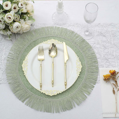 Efavormart 4 Pack | 16" Sage Green Jute Boho Chic Fringe Edge Table Placemats, Rustic Farmhouse Burlap Tassel Dining Table Mats