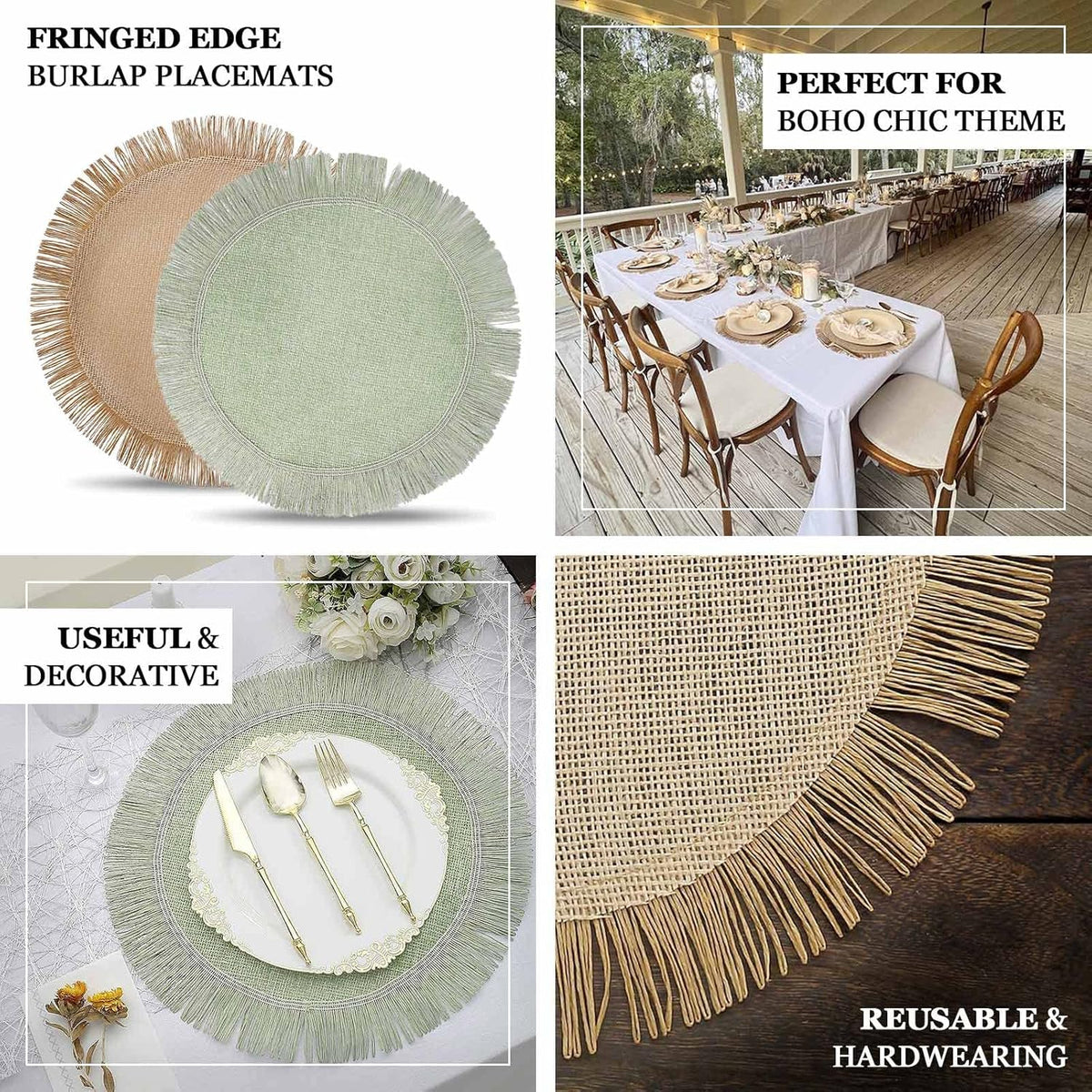 Efavormart 4 Pack | 16" Sage Green Jute Boho Chic Fringe Edge Table Placemats, Rustic Farmhouse Burlap Tassel Dining Table Mats