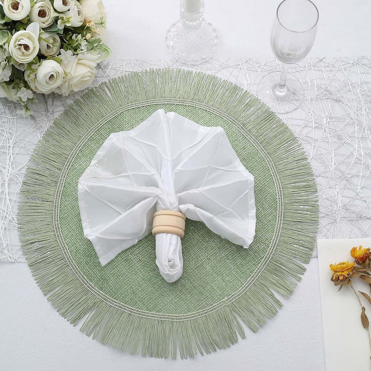 Efavormart 4 Pack | 16" Sage Green Jute Boho Chic Fringe Edge Table Placemats, Rustic Farmhouse Burlap Tassel Dining Table Mats