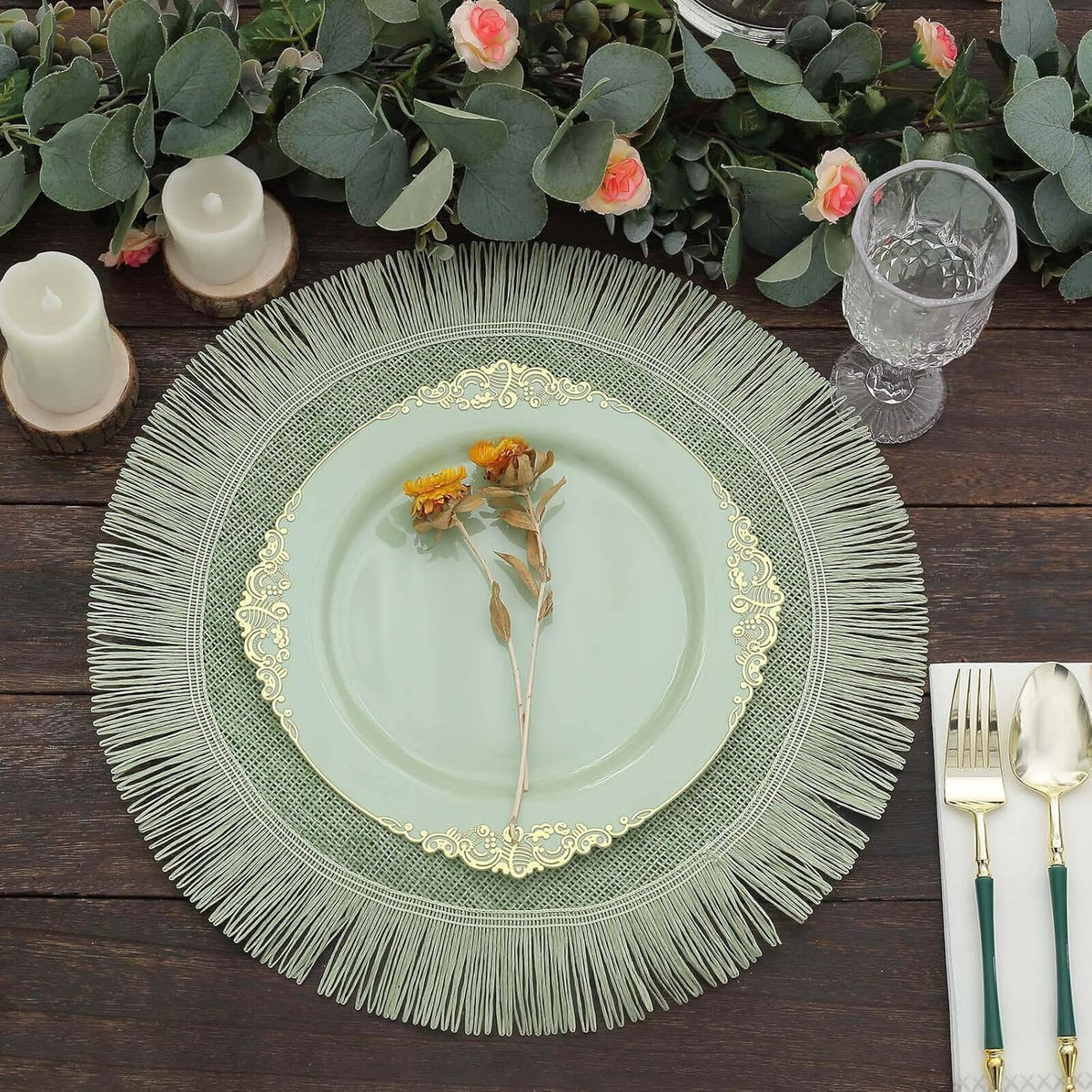 Efavormart 4 Pack | 16" Sage Green Jute Boho Chic Fringe Edge Table Placemats, Rustic Farmhouse Burlap Tassel Dining Table Mats