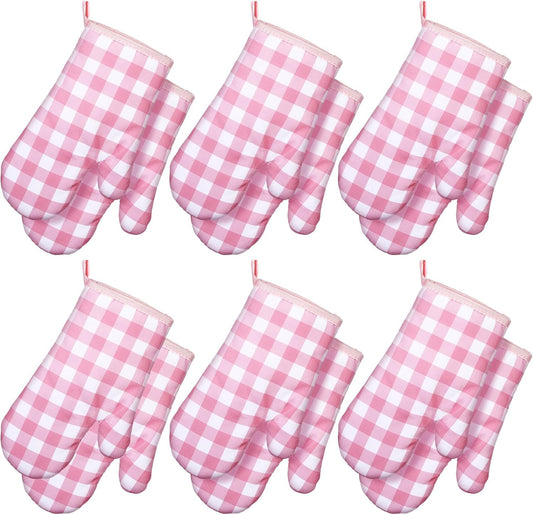 6 Pairs Pink Checkered Oven Mitts Heat Resistant, Vintage Retro Checkerboard Cute Oven Mitts, Extra Thicken Kitchen Gloves, 6''x11''