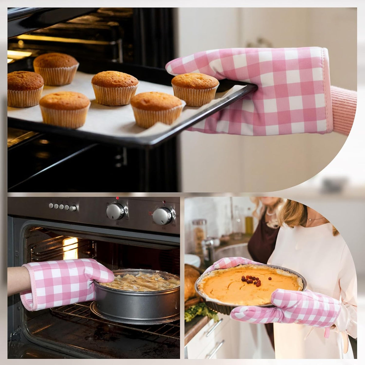 6 Pairs Pink Checkered Oven Mitts Heat Resistant, Vintage Retro Checkerboard Cute Oven Mitts, Extra Thicken Kitchen Gloves, 6''x11''