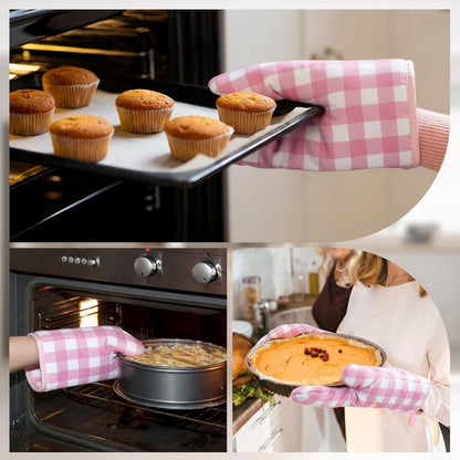 6 Pairs Pink Checkered Oven Mitts Heat Resistant, Vintage Retro Checkerboard Cute Oven Mitts, Extra Thicken Kitchen Gloves, 6''x11''