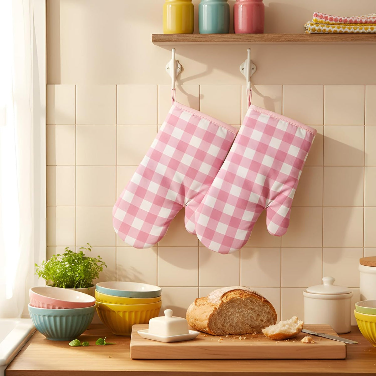 6 Pairs Pink Checkered Oven Mitts Heat Resistant, Vintage Retro Checkerboard Cute Oven Mitts, Extra Thicken Kitchen Gloves, 6''x11''