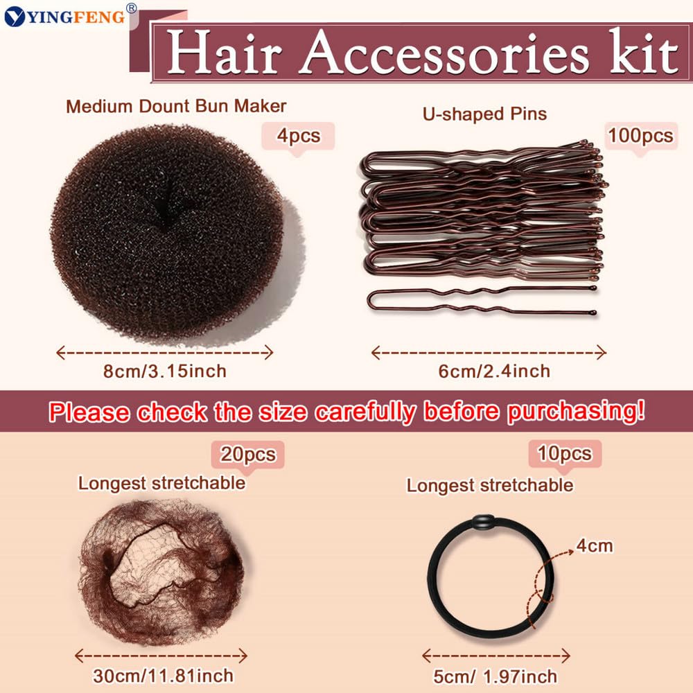 134 Pcs Brown Hair Bun Maker Kit Medium - 4 Bun Hair Pieces for Women, 20 Hair Net for Buns, 100 Bobby Pins for Women, 10 Hair Bands, for Ballet Styling, Hair Accessories for Girls