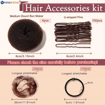 134 Pcs Brown Hair Bun Maker Kit Medium - 4 Bun Hair Pieces for Women, 20 Hair Net for Buns, 100 Bobby Pins for Women, 10 Hair Bands, for Ballet Styling, Hair Accessories for Girls