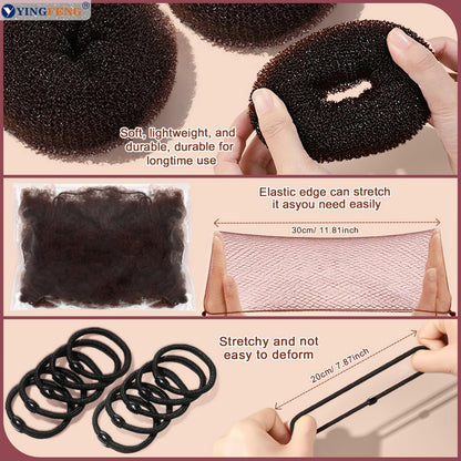 134 Pcs Brown Hair Bun Maker Kit Medium - 4 Bun Hair Pieces for Women, 20 Hair Net for Buns, 100 Bobby Pins for Women, 10 Hair Bands, for Ballet Styling, Hair Accessories for Girls