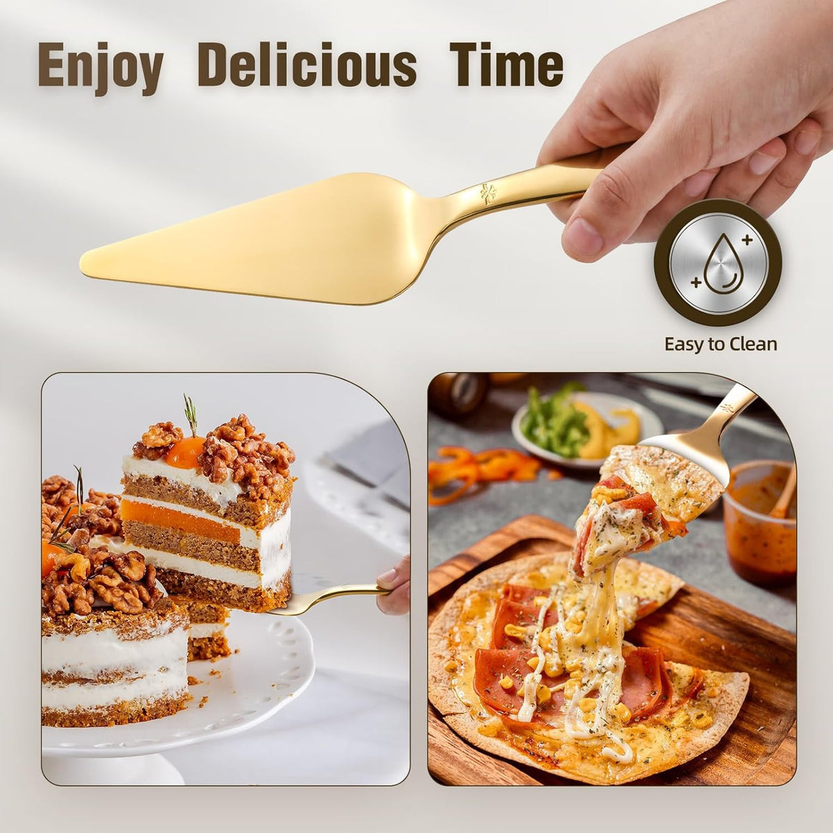 Cake Server, Wedding Cake Cutting Set 2 Piece Gold Cake Cutter, Stainless Steel Pie Server with Smooth Edge and Exquisite Pattern Design for Pastry Pizza Dessert