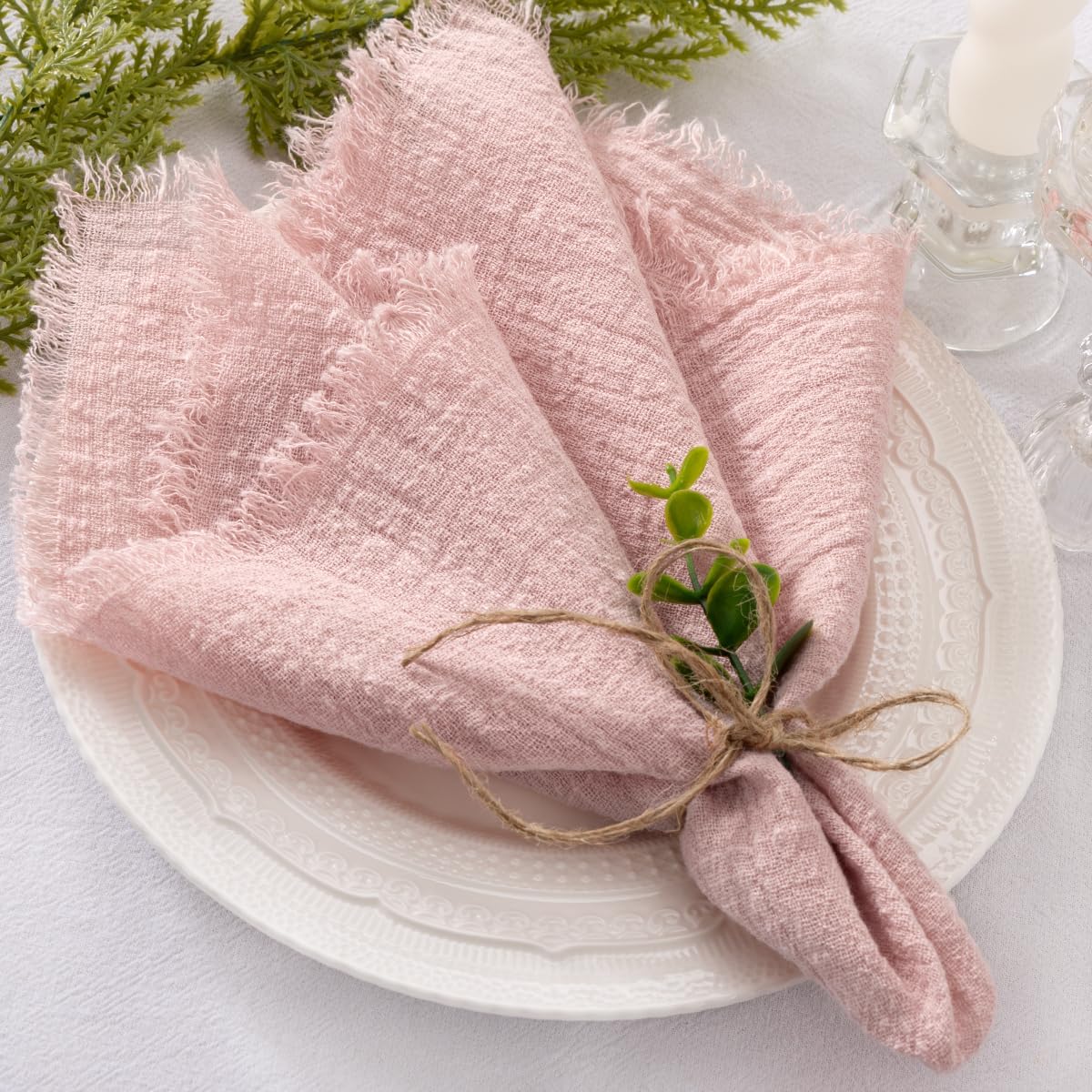 Set of 12 Linen Napkins Dusty Rose Easter Spring Cloth Napkins Washable Cotton Dinner Napkins Fringe 17"x17" for Wedding Party Bridal Baby Shower Birthday Table Decorations