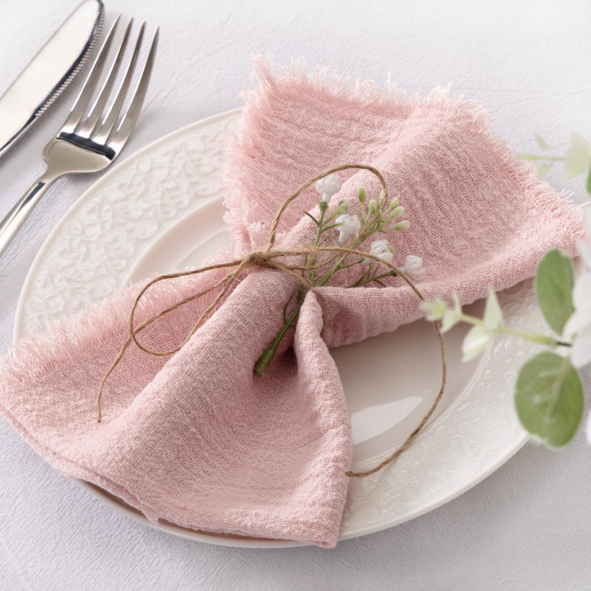 Set of 12 Linen Napkins Dusty Rose Easter Spring Cloth Napkins Washable Cotton Dinner Napkins Fringe 17"x17" for Wedding Party Bridal Baby Shower Birthday Table Decorations