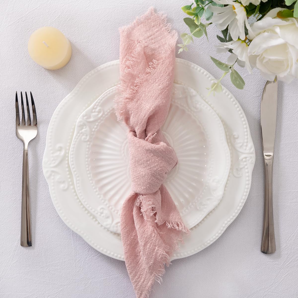 Set of 12 Linen Napkins Dusty Rose Easter Spring Cloth Napkins Washable Cotton Dinner Napkins Fringe 17"x17" for Wedding Party Bridal Baby Shower Birthday Table Decorations