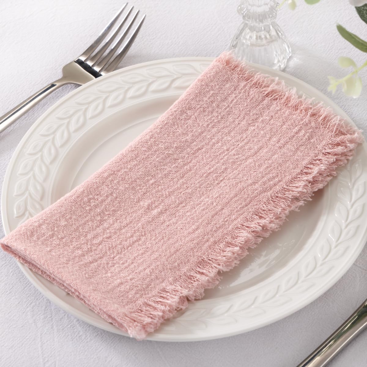 Set of 12 Linen Napkins Dusty Rose Easter Spring Cloth Napkins Washable Cotton Dinner Napkins Fringe 17"x17" for Wedding Party Bridal Baby Shower Birthday Table Decorations