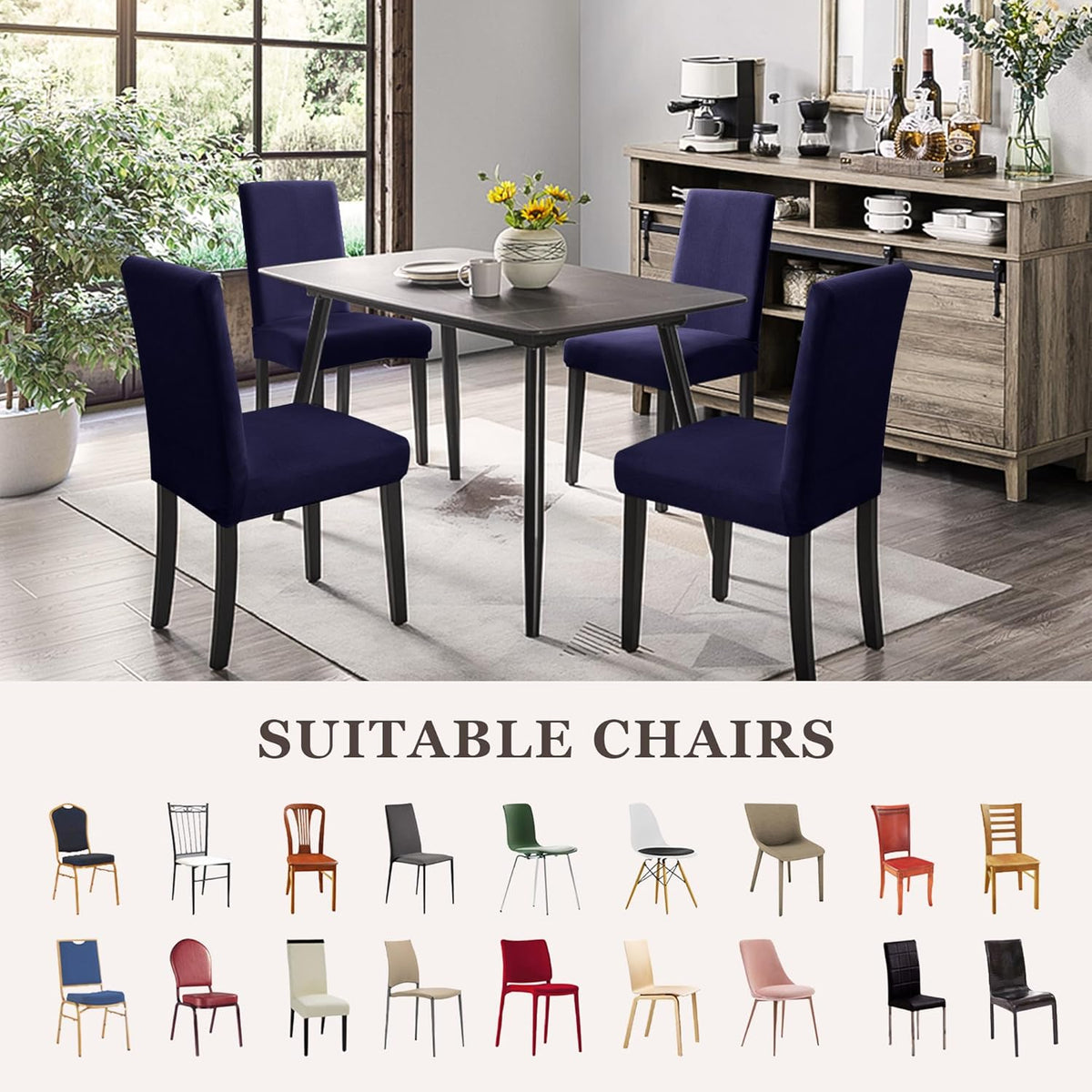 Dining Chair Covers,Kitchen Chair Cover,Parsons Chair Slipcover,Spandex Chair Protectors for Dining Room Stretch Chairs Cover Set of 4 -Navy Blue
