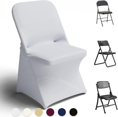 Spandex Folding Chair Covers 100 Pcs Universal Fitted Dining Chair Cover Stretchy Slipcovers for Wedding Party Banquet Flat-Front Chairs Covers (White)