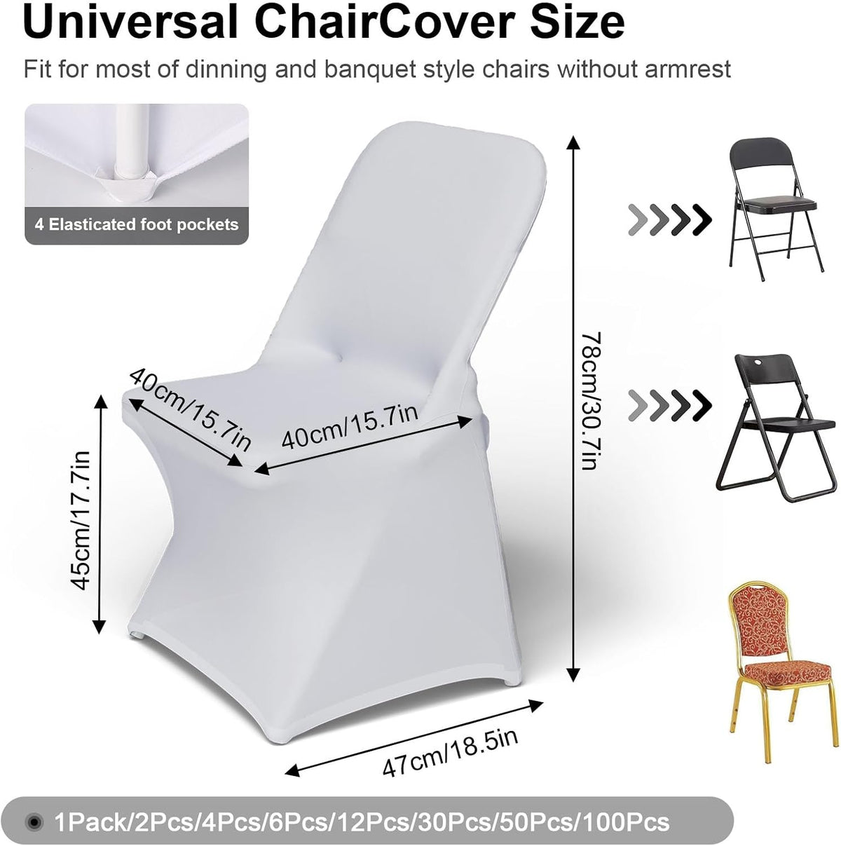 Spandex Folding Chair Covers 100 Pcs Universal Fitted Dining Chair Cover Stretchy Slipcovers for Wedding Party Banquet Flat-Front Chairs Covers (White)