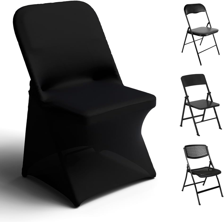 Spandex Folding Chair Covers 100 Pcs Universal Fitted Stretchy Dining Chair Slipcovers for Wedding Party Banquet Flat-Front Chair Cover (Black)