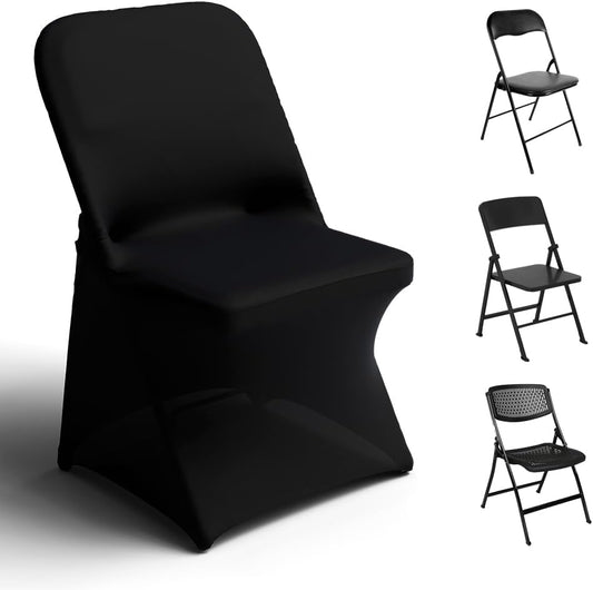 Spandex Folding Chair Covers 100 Pcs Universal Fitted Stretchy Dining Chair Slipcovers for Wedding Party Banquet Flat-Front Chair Cover (Black)
