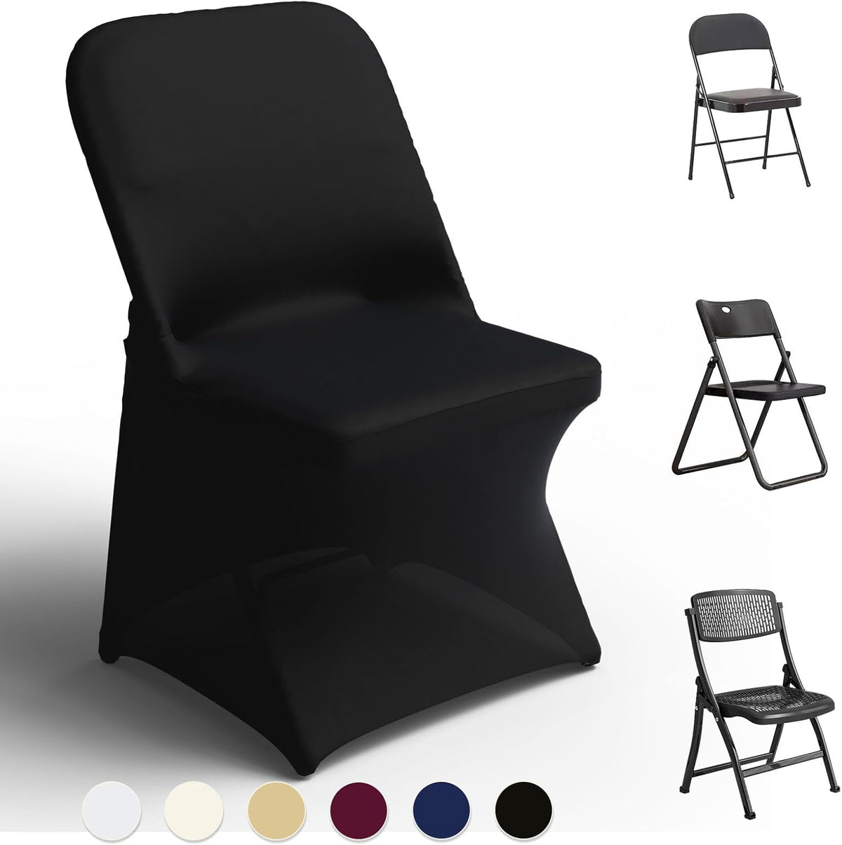 Spandex Folding Chair Covers 100 Pcs Universal Fitted Stretchy Dining Chair Slipcovers for Wedding Party Banquet Flat-Front Chair Cover (Black)