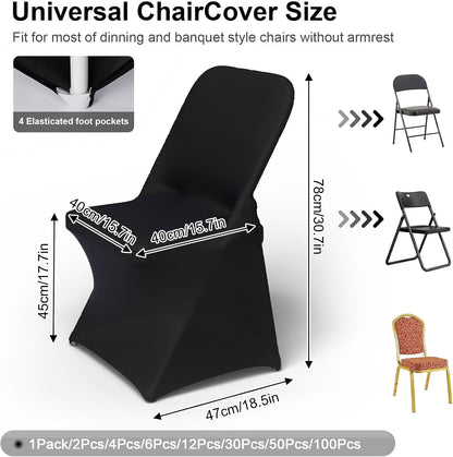 Spandex Folding Chair Covers 100 Pcs Universal Fitted Stretchy Dining Chair Slipcovers for Wedding Party Banquet Flat-Front Chair Cover (Black)
