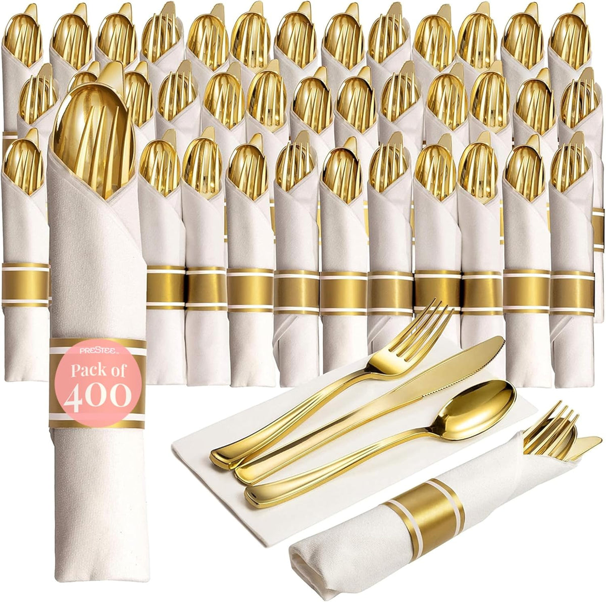 400 Pieces Gold Silverware Set for 100 Guests - Premium Pre Rolled Disposable Plastic Silverware Set with Napkins - Wrapped Utensils with Forks, Knives, Spoons, Napkins for Weddings and Events