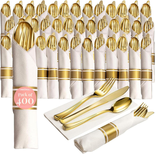 400 Pieces Gold Silverware Set for 100 Guests - Premium Pre Rolled Disposable Plastic Silverware Set with Napkins - Wrapped Utensils with Forks, Knives, Spoons, Napkins for Weddings and Events