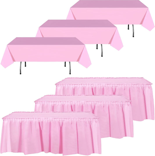 6 Pcs Plastic Table Skirts and Stainproof Table Cloths 54 x 108 in Plastic Tablecloth 168 x 29 Inches Disposable for Wedding Baby Shower Valentine Spring Easter Party(Pink)