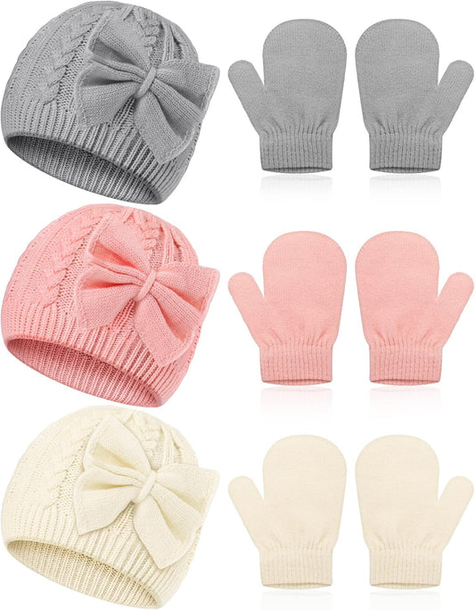 3 Set Toddler Hat Glove Set, Kids Winter Hats Warm Knitted Beanie Mittens Gloves with Bow for Baby Girls Boys 0-6Y