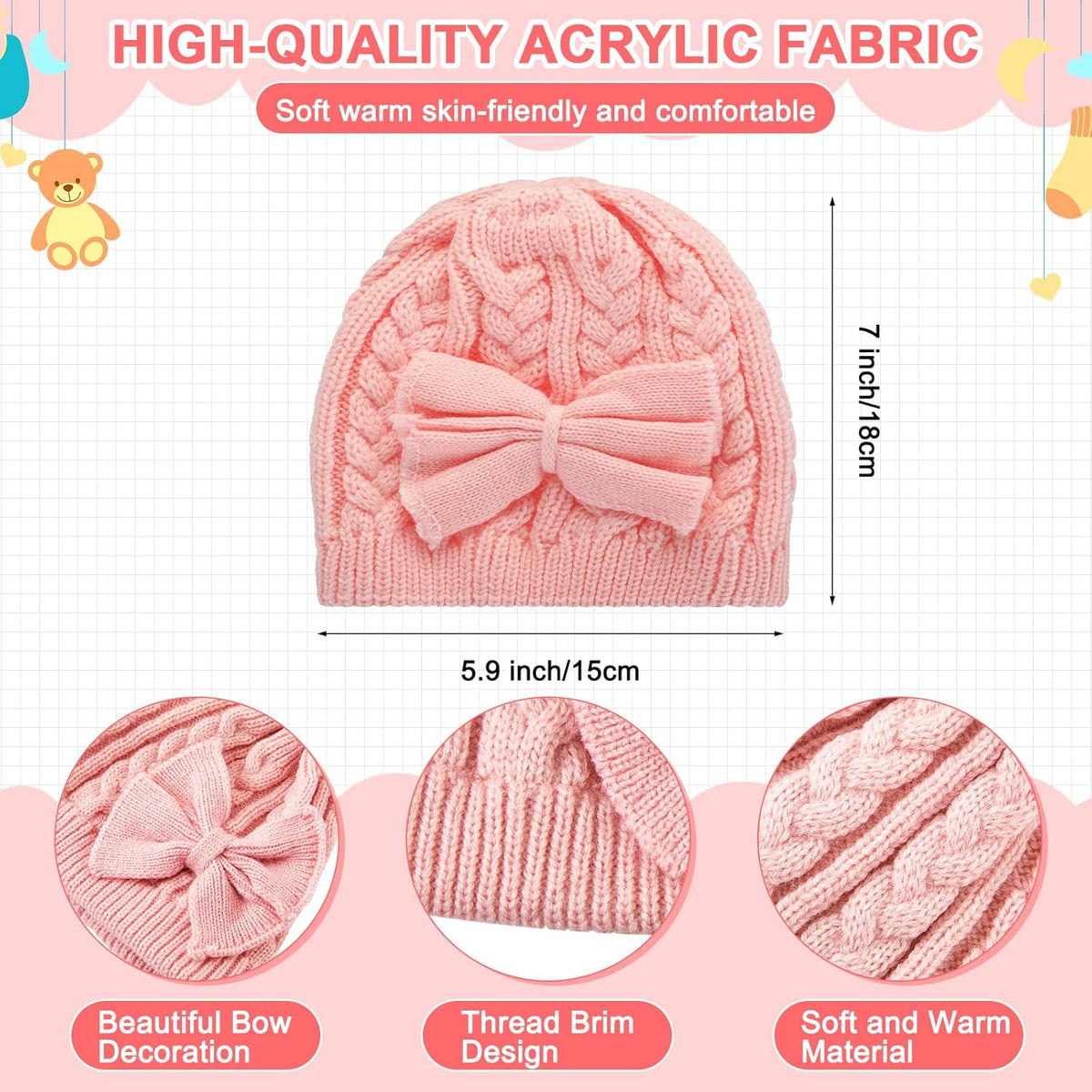 3 Set Toddler Hat Glove Set, Kids Winter Hats Warm Knitted Beanie Mittens Gloves with Bow for Baby Girls Boys 0-6Y