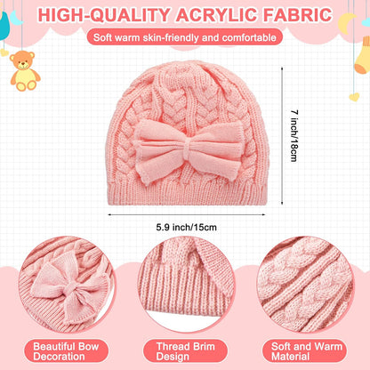 3 Set Toddler Hat Glove Set, Kids Winter Hats Warm Knitted Beanie Mittens Gloves with Bow for Baby Girls Boys 0-6Y