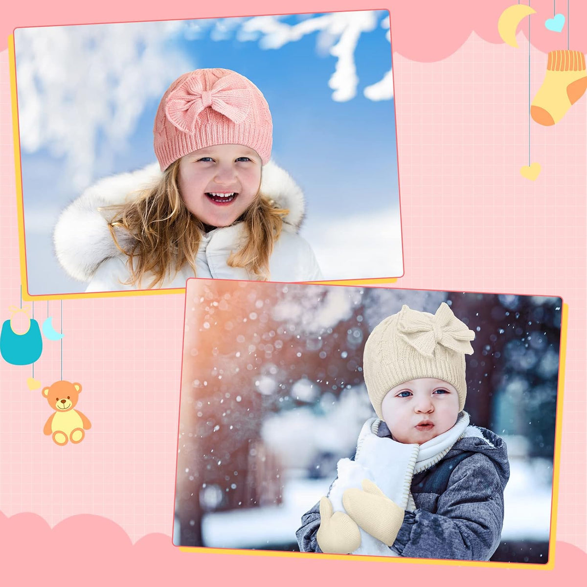 3 Set Toddler Hat Glove Set, Kids Winter Hats Warm Knitted Beanie Mittens Gloves with Bow for Baby Girls Boys 0-6Y