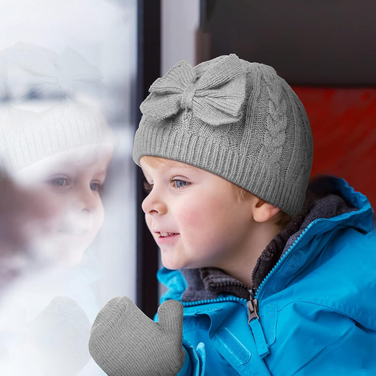 3 Set Toddler Hat Glove Set, Kids Winter Hats Warm Knitted Beanie Mittens Gloves with Bow for Baby Girls Boys 0-6Y