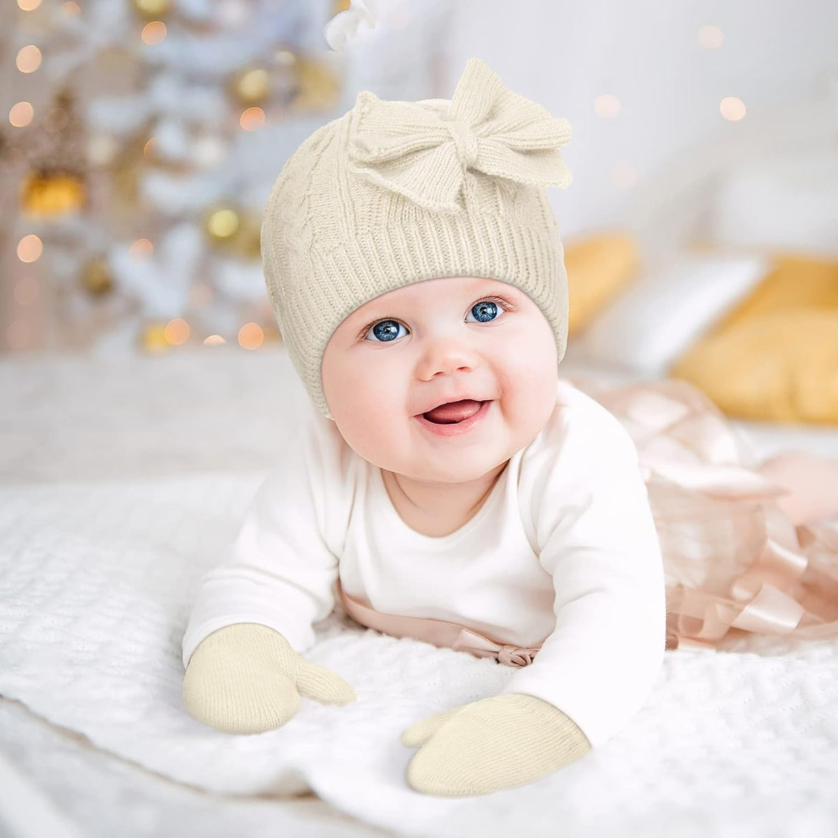 3 Set Toddler Hat Glove Set, Kids Winter Hats Warm Knitted Beanie Mittens Gloves with Bow for Baby Girls Boys 0-6Y