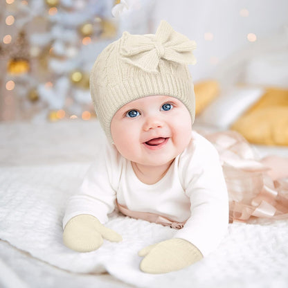 3 Set Toddler Hat Glove Set, Kids Winter Hats Warm Knitted Beanie Mittens Gloves with Bow for Baby Girls Boys 0-6Y