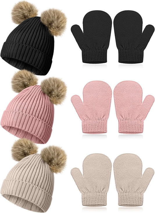 3 Set Toddler Hat Glove Set, Kids Winter Hats Warm Knitted Beanie Mittens Gloves with Bow for Baby Girls Boys 0-6Y
