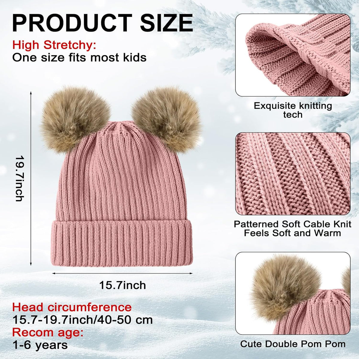 3 Set Toddler Hat Glove Set, Kids Winter Hats Warm Knitted Beanie Mittens Gloves with Bow for Baby Girls Boys 0-6Y