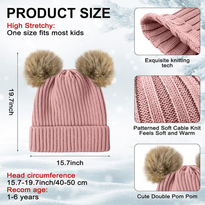 3 Set Toddler Hat Glove Set, Kids Winter Hats Warm Knitted Beanie Mittens Gloves with Bow for Baby Girls Boys 0-6Y