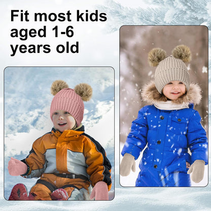 3 Set Toddler Hat Glove Set, Kids Winter Hats Warm Knitted Beanie Mittens Gloves with Bow for Baby Girls Boys 0-6Y