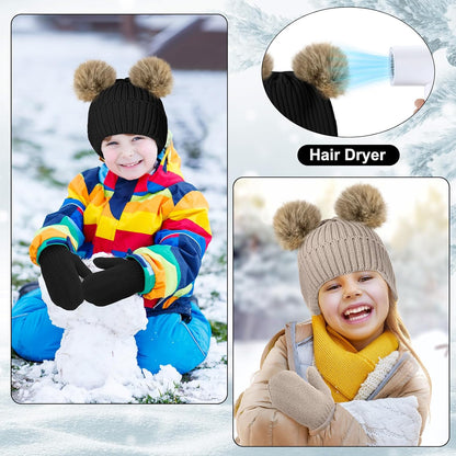 3 Set Toddler Hat Glove Set, Kids Winter Hats Warm Knitted Beanie Mittens Gloves with Bow for Baby Girls Boys 0-6Y