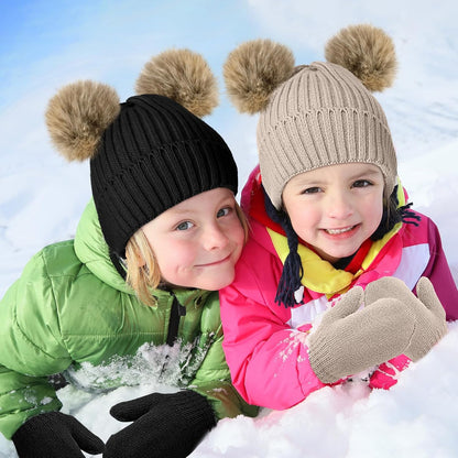 3 Set Toddler Hat Glove Set, Kids Winter Hats Warm Knitted Beanie Mittens Gloves with Bow for Baby Girls Boys 0-6Y