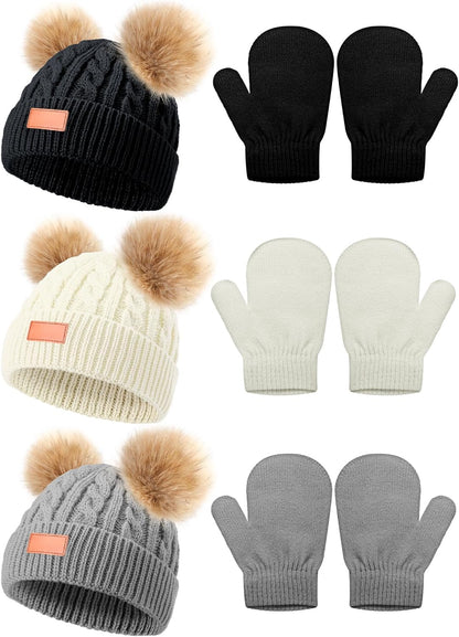 3 Set Toddler Hat Glove Set, Kids Winter Hats Warm Knitted Beanie Mittens Gloves with Bow for Baby Girls Boys 0-6Y (White, Gray, Black)