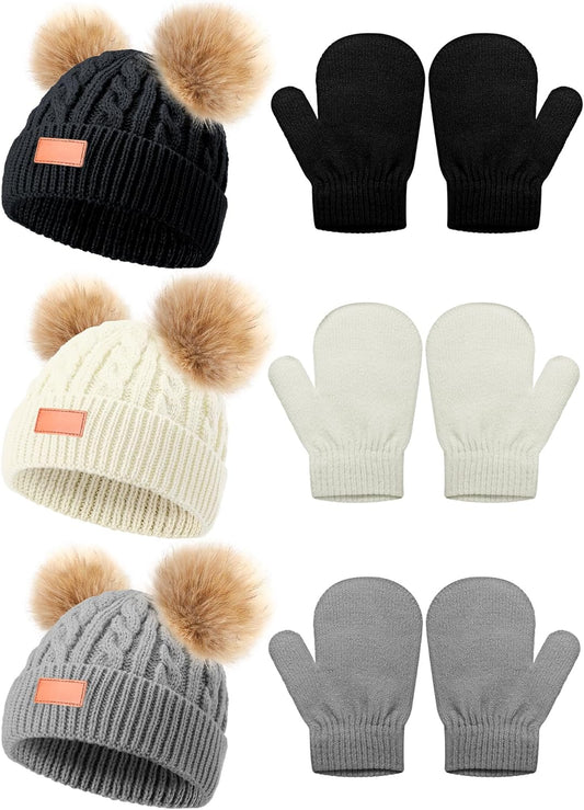 3 Set Toddler Hat Glove Set, Kids Winter Hats Warm Knitted Beanie Mittens Gloves with Bow for Baby Girls Boys 0-6Y (White, Gray, Black)