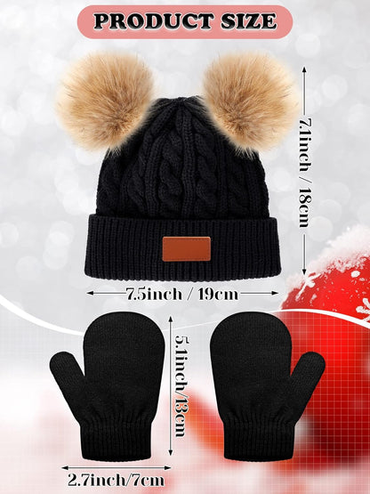 3 Set Toddler Hat Glove Set, Kids Winter Hats Warm Knitted Beanie Mittens Gloves with Bow for Baby Girls Boys 0-6Y (White, Gray, Black)