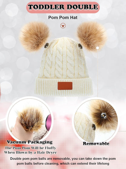 3 Set Toddler Hat Glove Set, Kids Winter Hats Warm Knitted Beanie Mittens Gloves with Bow for Baby Girls Boys 0-6Y (White, Gray, Black)