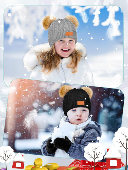 3 Set Toddler Hat Glove Set, Kids Winter Hats Warm Knitted Beanie Mittens Gloves with Bow for Baby Girls Boys 0-6Y (White, Gray, Black)