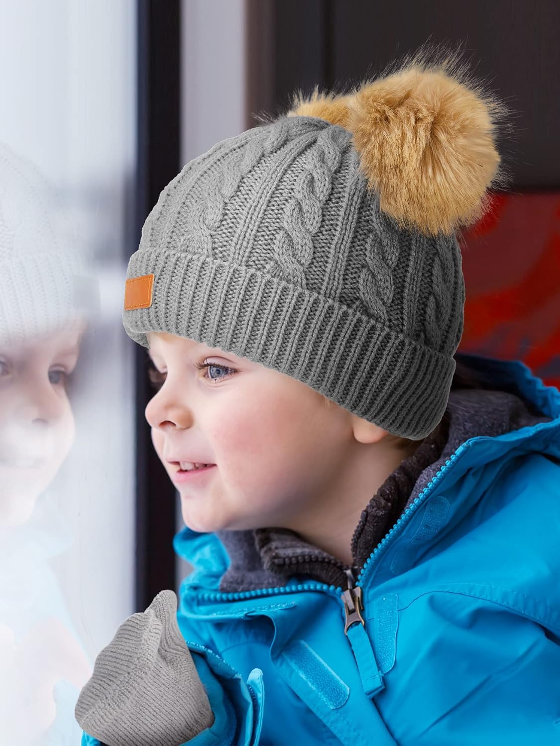 3 Set Toddler Hat Glove Set, Kids Winter Hats Warm Knitted Beanie Mittens Gloves with Bow for Baby Girls Boys 0-6Y (White, Gray, Black)