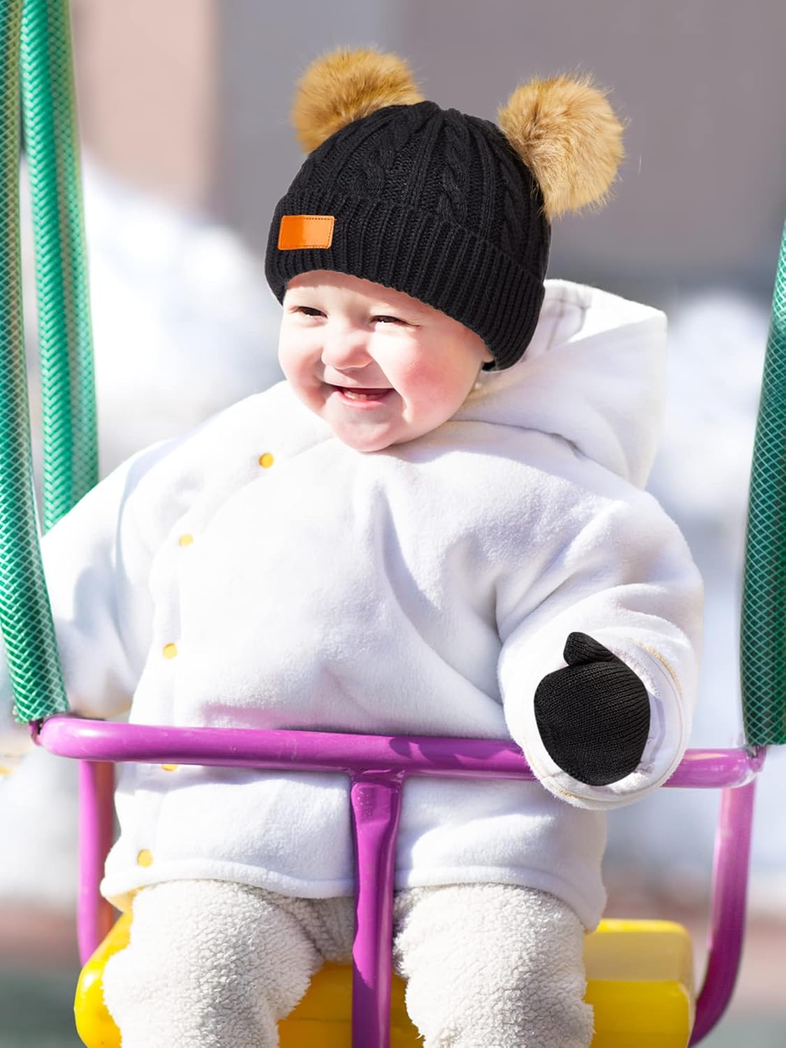 3 Set Toddler Hat Glove Set, Kids Winter Hats Warm Knitted Beanie Mittens Gloves with Bow for Baby Girls Boys 0-6Y (White, Gray, Black)